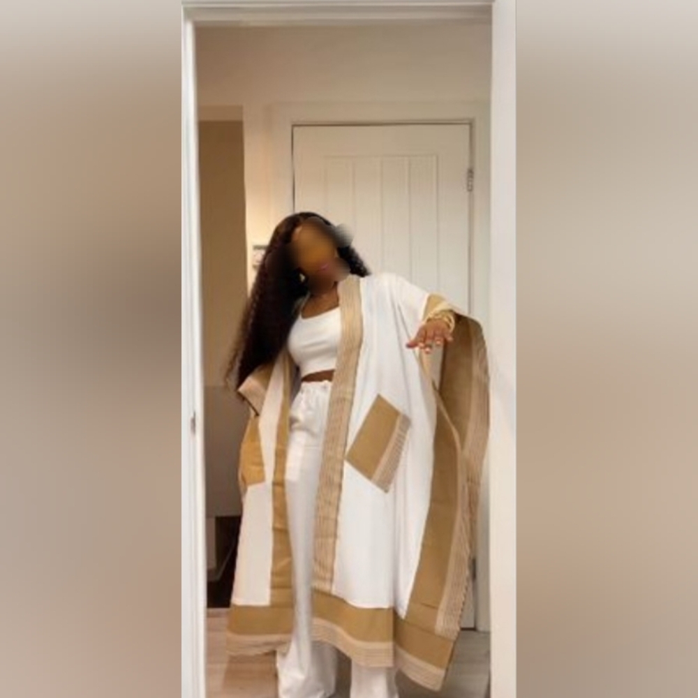 Oversized White and Tan Aso Oke  Kimono , Tan Top And Pallazo  Turn Up Pant